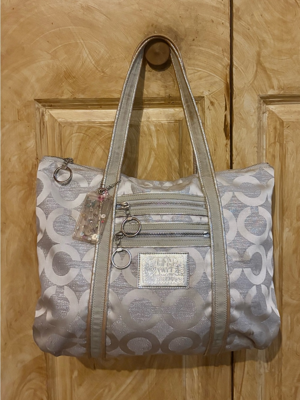 Coach Poppy Silver Metallic Signature C Tote